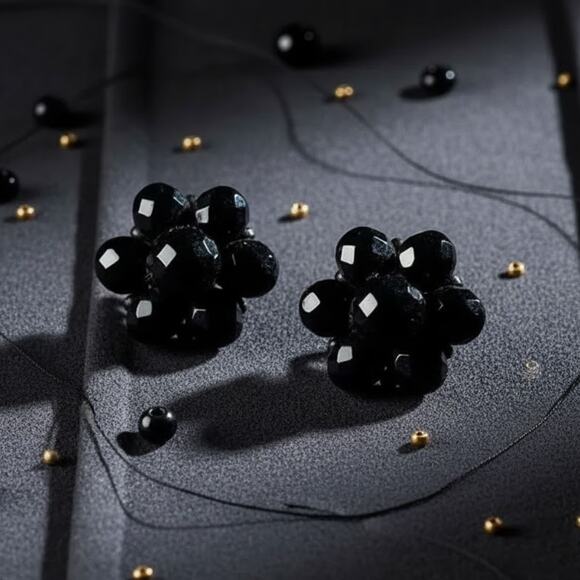 Vintage Black Beaded Cluster Clip-On Earrings - Picture 1 of 10